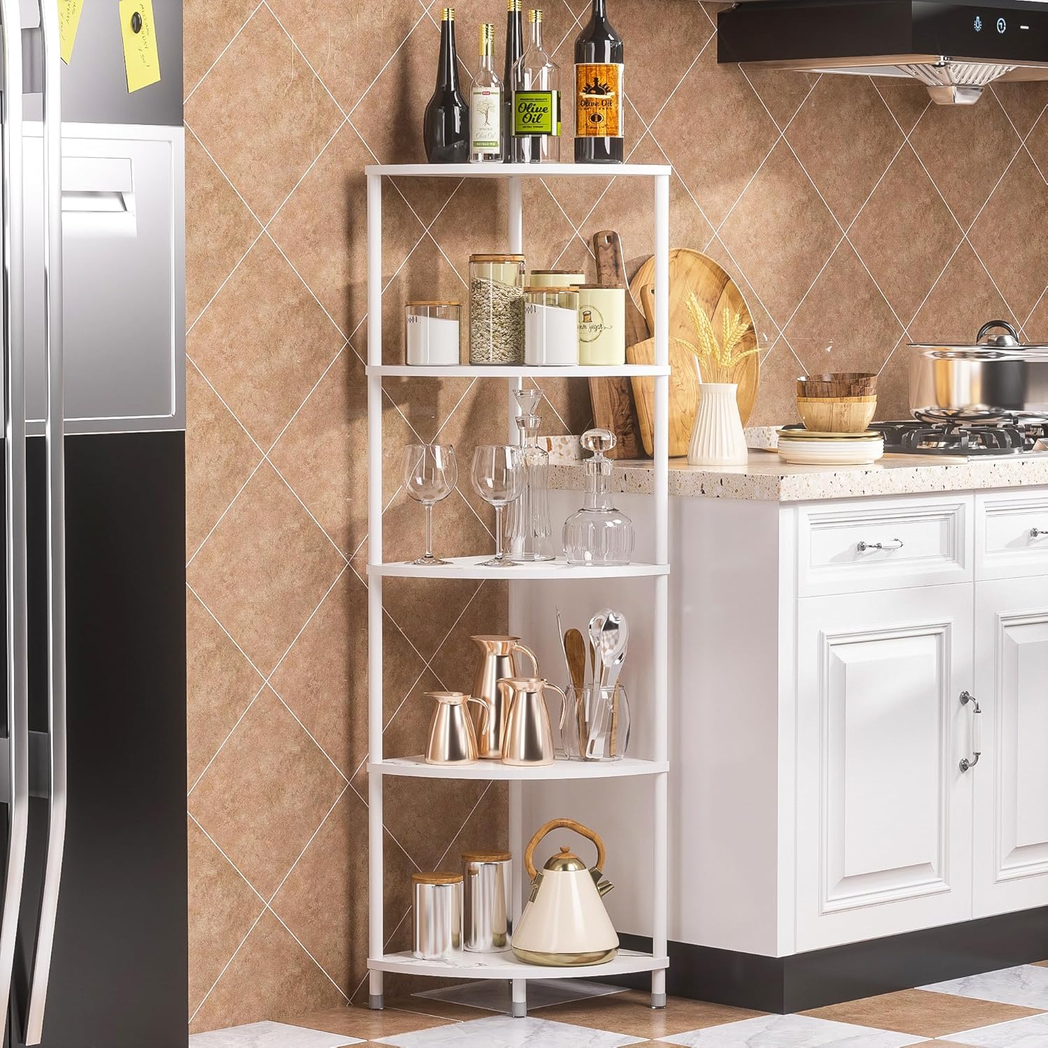 5 Tier Corner Shelf Stand, 44.1" Kitchen Shelf Organizer with Metal Frame, Small Corner Shelf for Bathroom Organization & Storage, Marble White Corner Shelf for Kitchen Decor Accessories