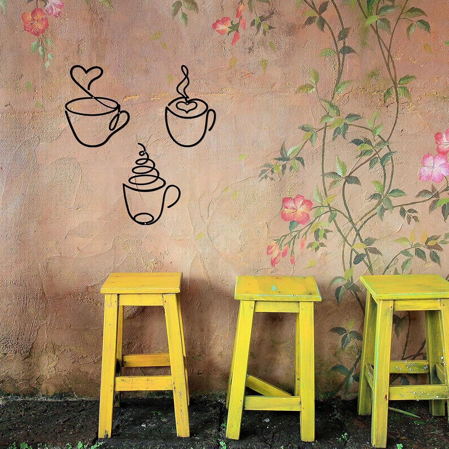 Ferraycle 3 Pieces Coffee Cup Metal Wall Art Wire Coffee Bar Hanging Decor Cafe Themed Vintage Rustic Metal Sign for Kitchen Restaurant Shop Home Office Accessories