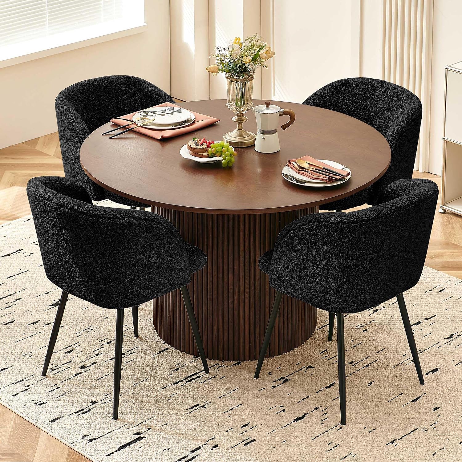 Homedot 5-Piece Round Dining Table Set for 4, 47-Inch Walnut Kitchen Table and Upholstered Chairs Set for Dining Room, Modern Circle Dinette Table Set with Black Barrel Dining Side Chairs Upholstered