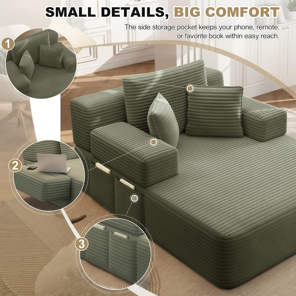 60.2" Oversized Chaise Lounge Chair, Boneless Corduroy Cloud Couch, Deep Seat Convertible Sofa Bed with 3 Pillows, Wide Armrests, Side Pocket, No Assembly (Green)