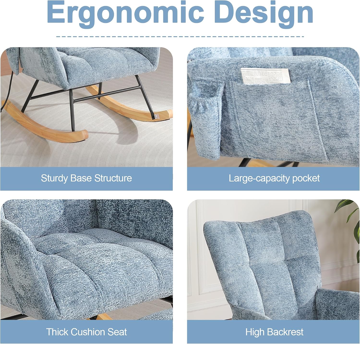 Rocking Chair Nursery with Airbag, Comfy Modern Nursery Rocking Reading Chair Indoor with Footrest, Cozy Upholstered Glider Rocker Chairs for Living Room Bedroom Offices, (Chenille, Blue)