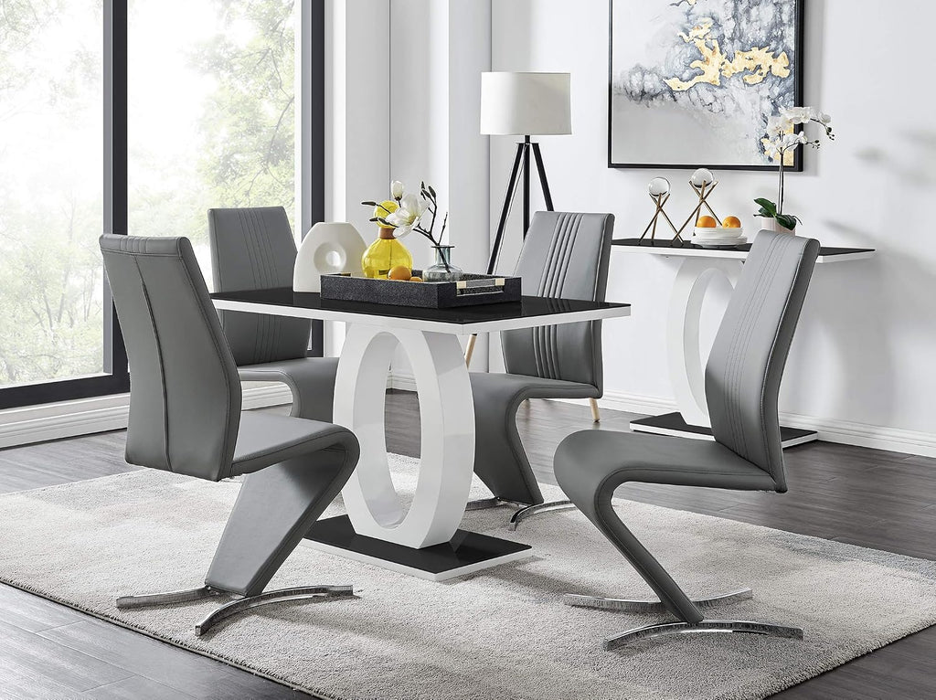 Furniturebox UK Giovani Black & White High Gloss Glass Dining Table with 4 Willow Chairs (Black & White High Gloss Glass Dining Table Set with 4 Elephant Grey Willow Chairs)