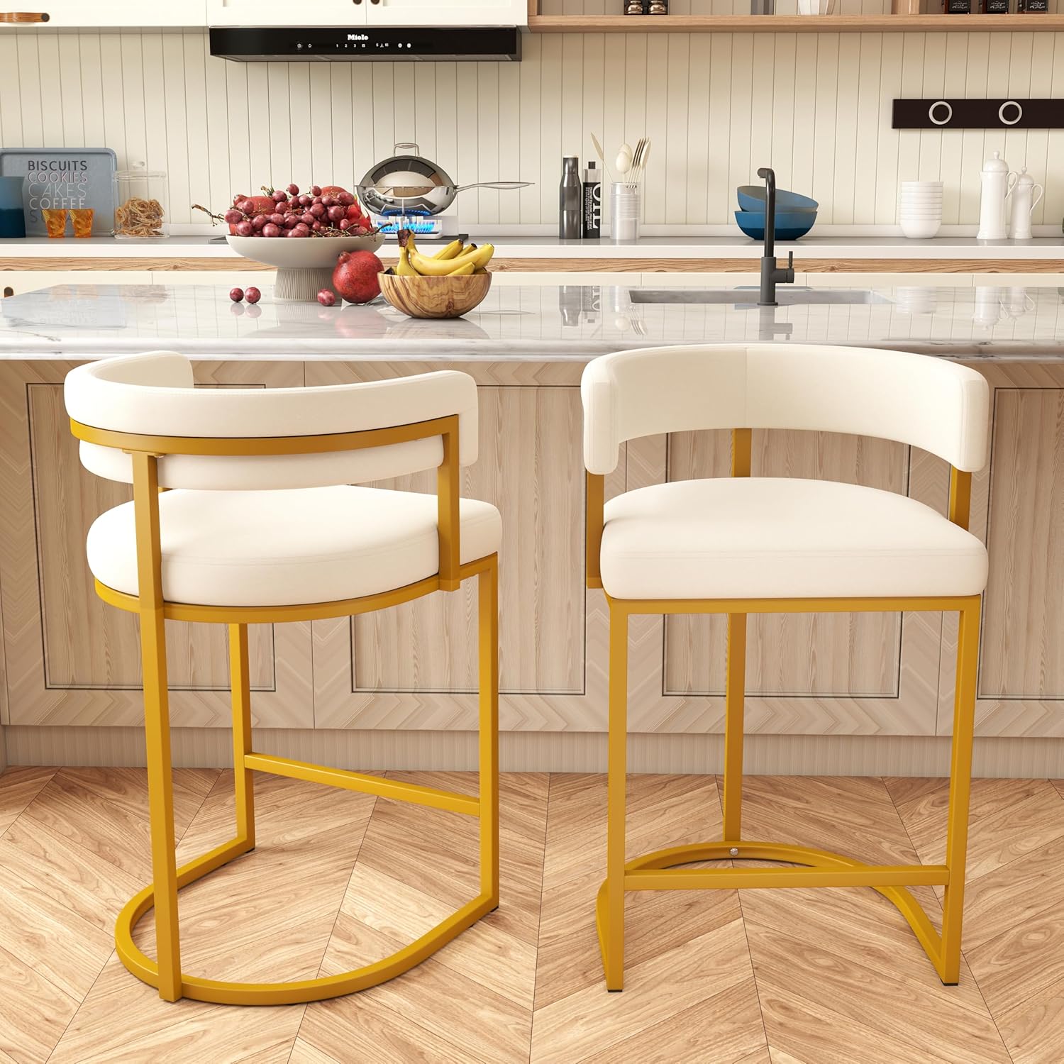 Modern Barrel Bar Stools Set of 2, 24" Velvet Counter Height Stools with Comfy Back and Arms, Sherpa Upholstered Kitchen Island Chair for Home Bar, Ivory