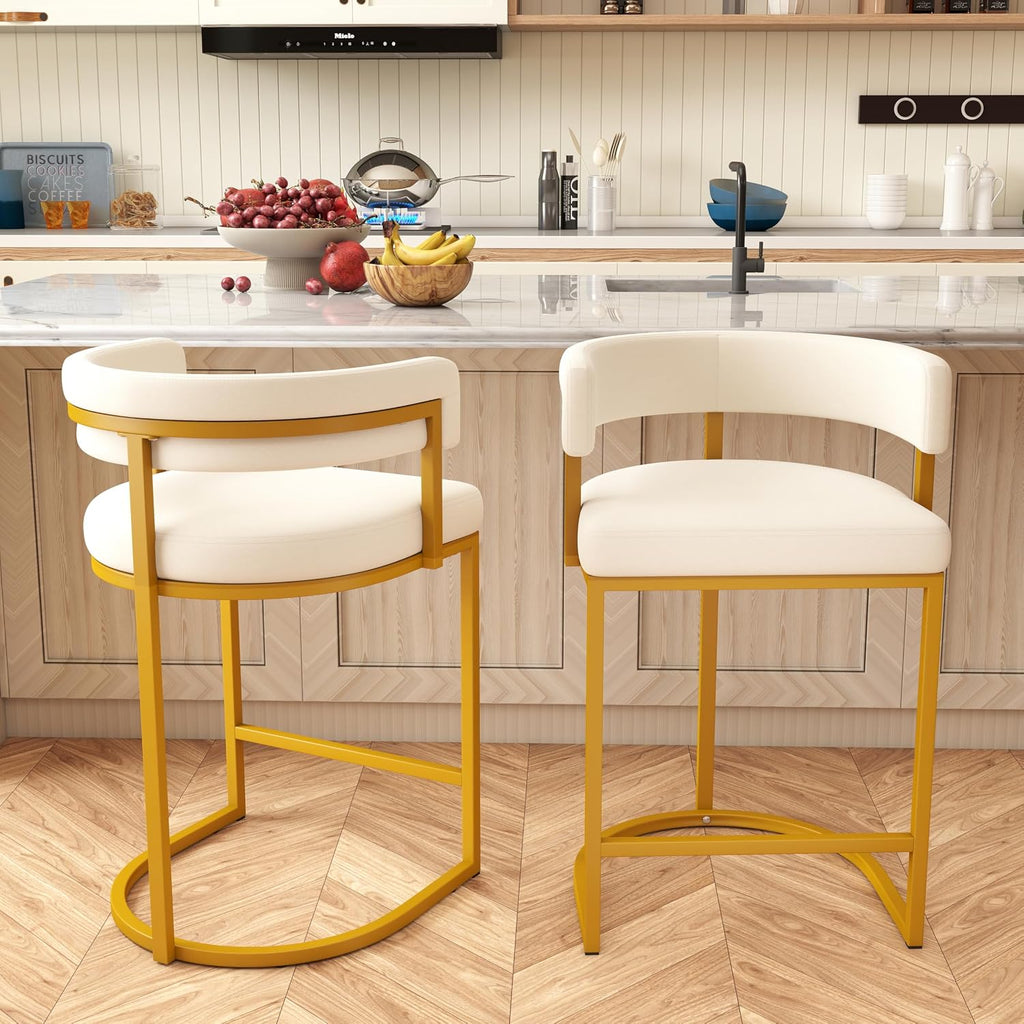 Modern Barrel Bar Stools Set of 3, 24" Velvet Counter Height Stools with Comfy Back and Arms, Sherpa Upholstered Kitchen Island Chair for Home Bar, Ivory