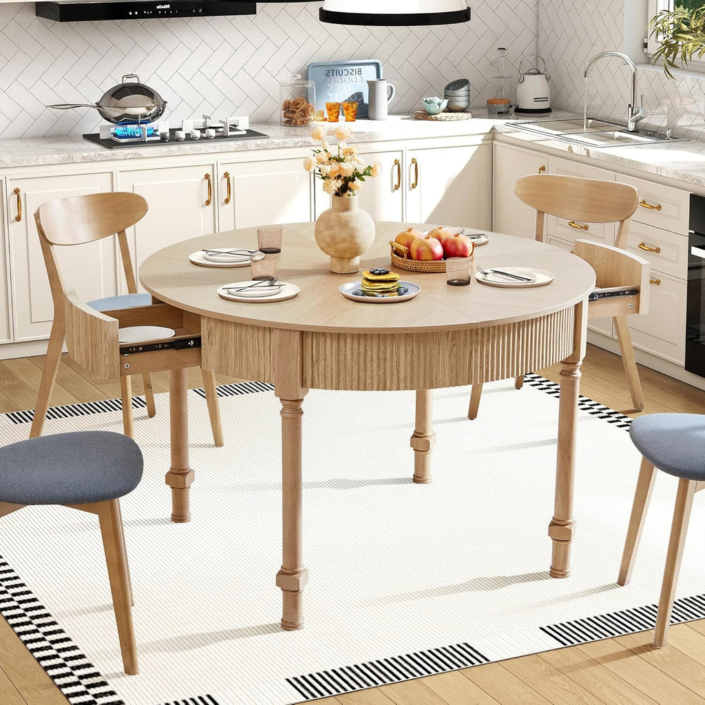 Fluted Round Dining Table for 4-6 People,47 Inches Dining Room Table with 2 Drawers,Modern Farmhouse Dinner Tables Circle Kitchen Tables with Wood Legs Base for Dining Room Kitchen Living Room,Natural