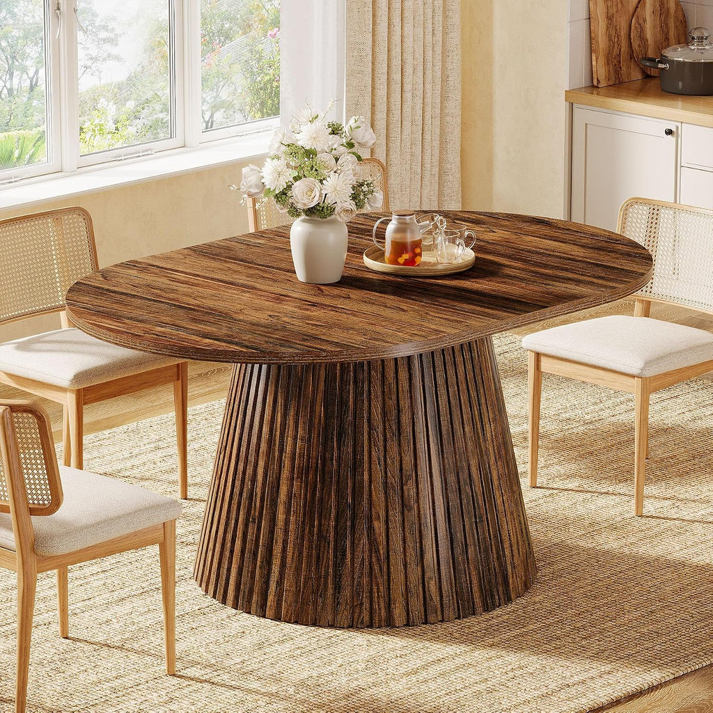 Tribesigns 59" Dining Table for 4-6 People, Farmhouse Dining Room Table with Heavy Pedestal, Oval Wood Kitchen Dinner Table for Living Room, Kitchen, Rustic Brown, 59.06" W x 39.37" D