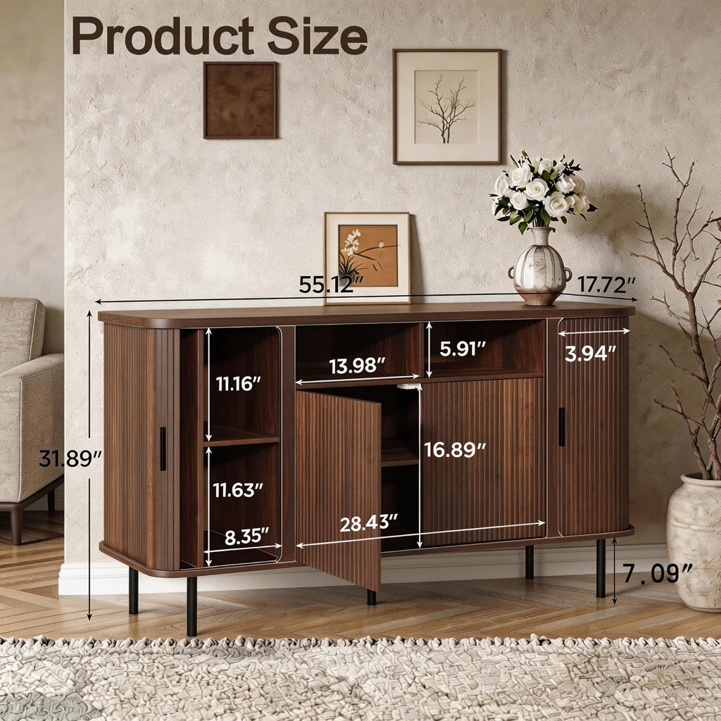 55'' Fluted Cabinet with Storage, Walnut Buffet Cabinet Sideboard with Sliding Door & Adjustable Shelves, Mid Century Coffee Bar, Curved Edge Design Storage Cabinet for Kitchen, Living Room, Entry