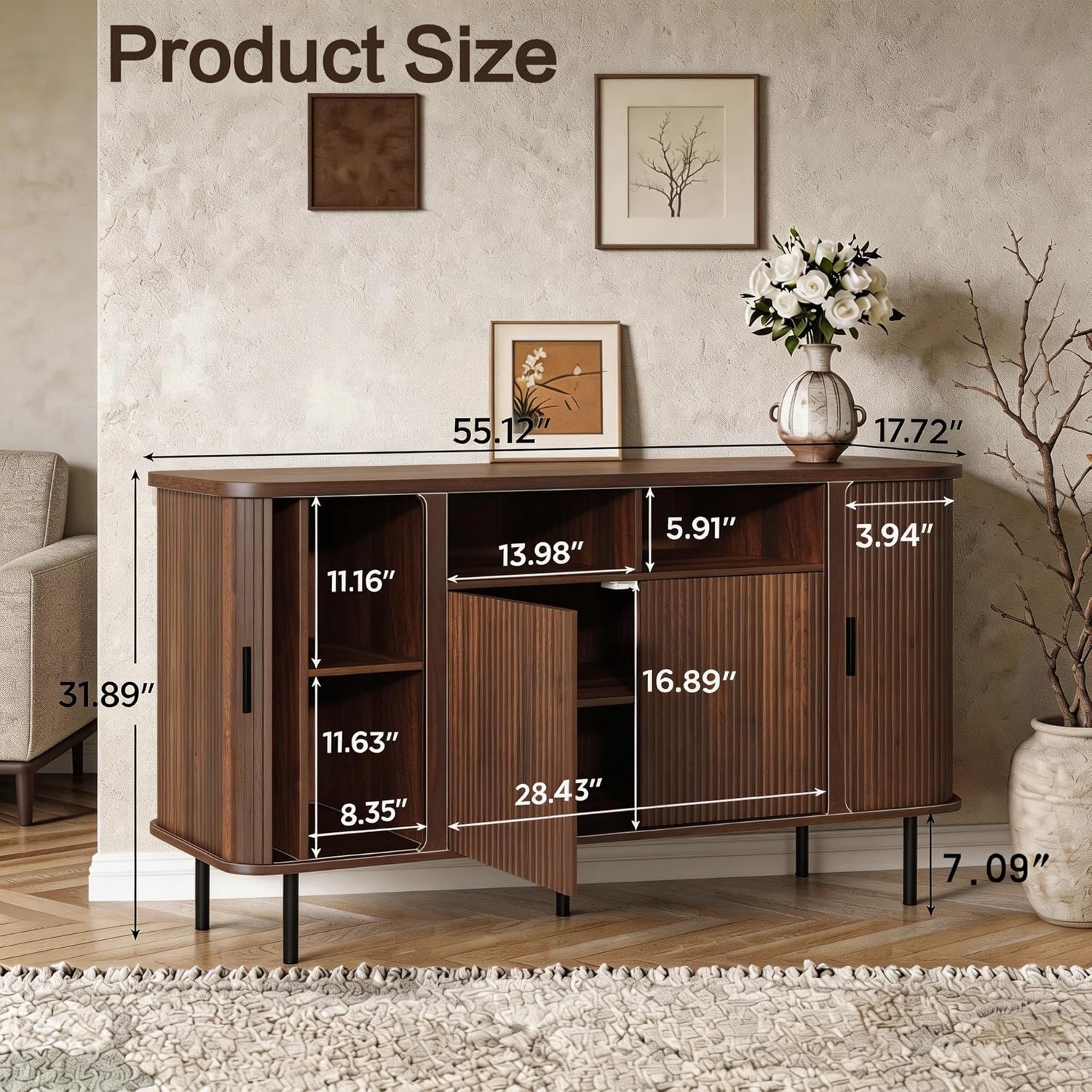 55'' Fluted Cabinet with Storage, Walnut Buffet Cabinet Sideboard with Sliding Door & Adjustable Shelves, Mid Century Coffee Bar, Curved Edge Design Storage Cabinet for Kitchen, Living Room, Entry