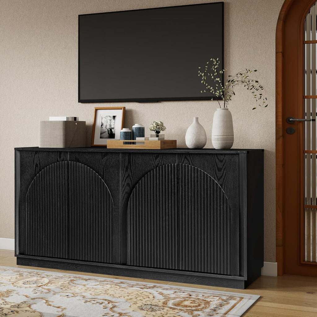 Real Relax 65 Inch Fluted Buffet Cabinet with Storage, Modern Symmetrical Arc Accent Sideboard Large Console Table for Living Room, Hallway, Entryway, 330LBS (Black)