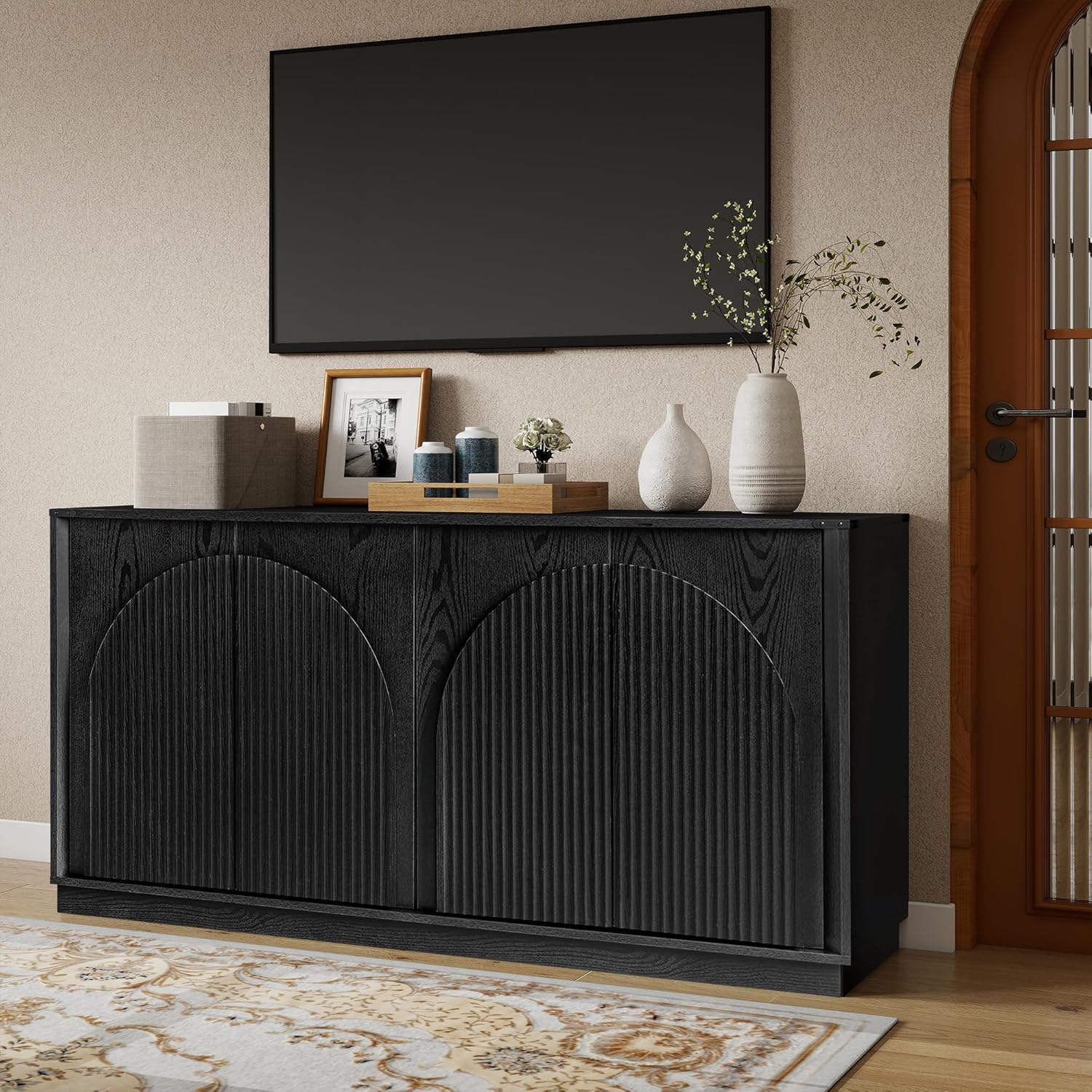 Real Relax 65 Inch Fluted Buffet Cabinet with Storage, Modern Symmetrical Arc Accent Sideboard Large Console Table for Living Room, Hallway, Entryway, 330LBS (Black)