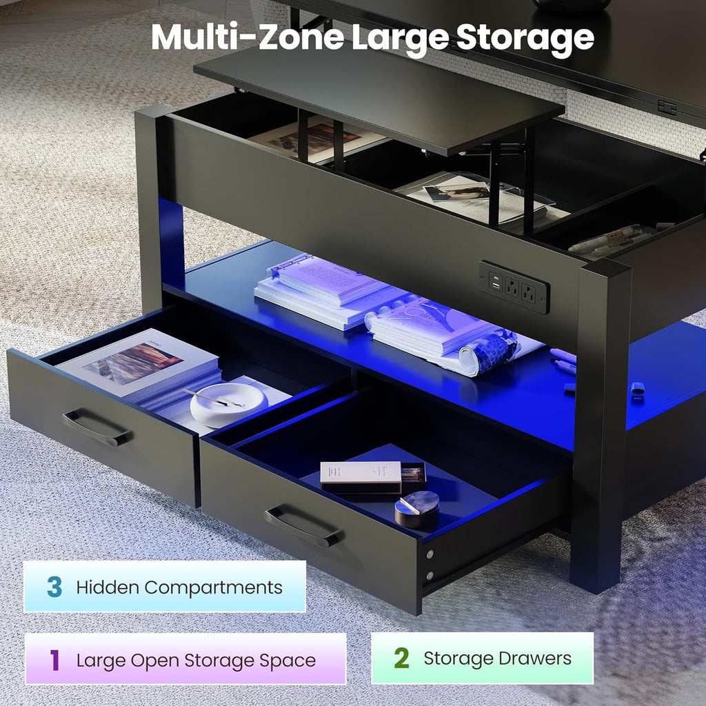 MALOL 40" Smart Lift Top Coffee Table for Living Room, 4 in 1 Multi-Function Modern Coffee Tables with Storage Drawers, LED Light and Charging Station, Farmhouse Wood Coffee Table, Black