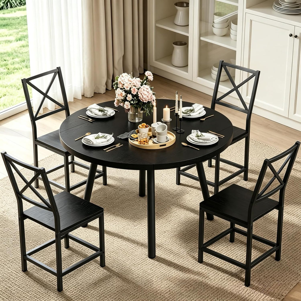 IRONCK Round Dining Table Set for 4, Extendable Kitchen Table with 4 Chairs, 44.5" Drop Leaf Desk, Folding for Small Space, Apartment, Black