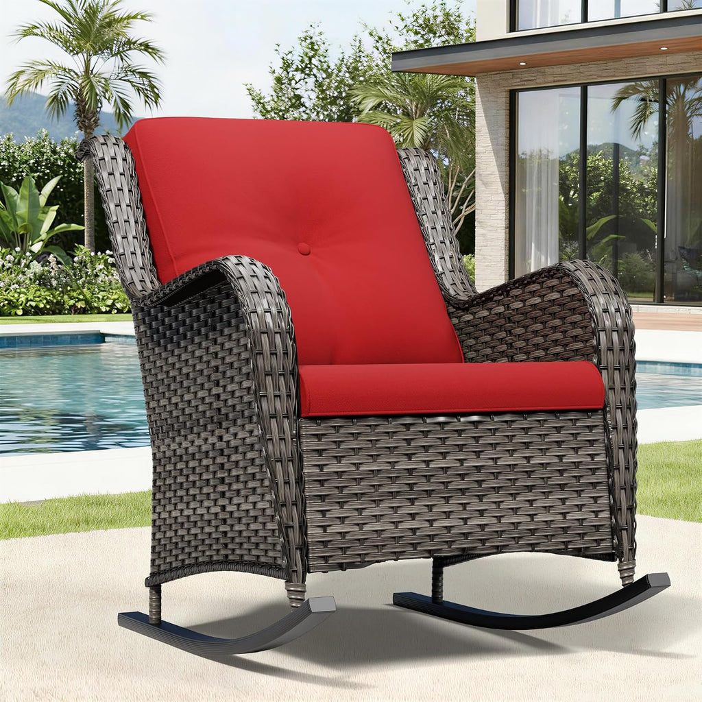 Joyside Outdoor Rocking Chair, Wicker Patio Furniture with High Back, Deep Seating, Wide Armrest, Thickened Cushions, Outdoor Rattan Furniture for Deck, Porch Use