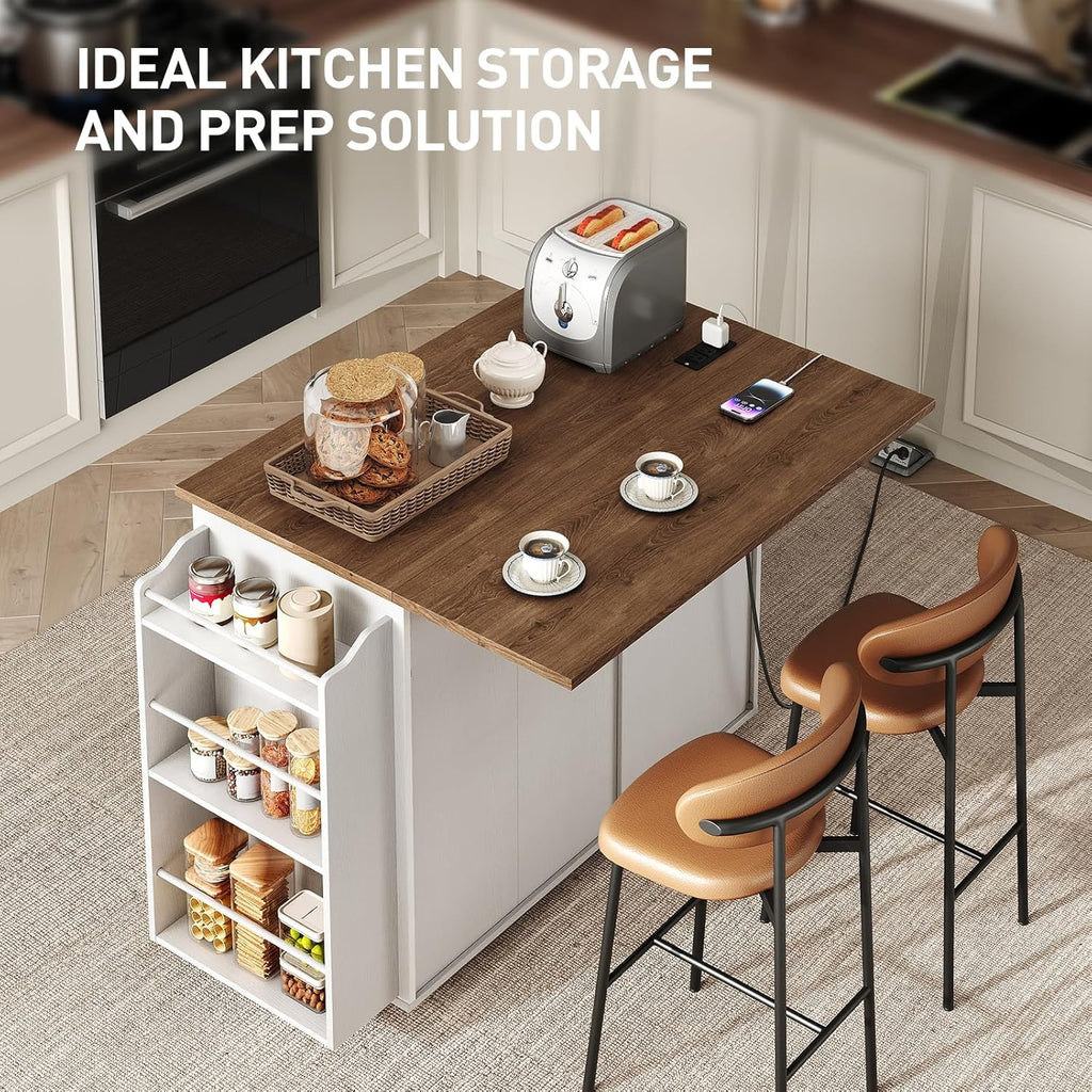 RALGEND Kitchen Island with Power Outlet & Drop Leaf, Mobile Rolling Cart with Trash Can Storage, 3-Tier Spice Rack, Island Table for Kitchen, Dining Room, White and Walnut