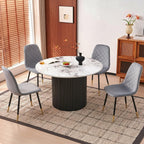 White Round Dining Table Set for 4, Modern Mid Century Wooden Kitchen & Dining Room Table Set, 5 Piece Space Saving (47In Faux Marble Table + 4 Grey Velvet Chairs)