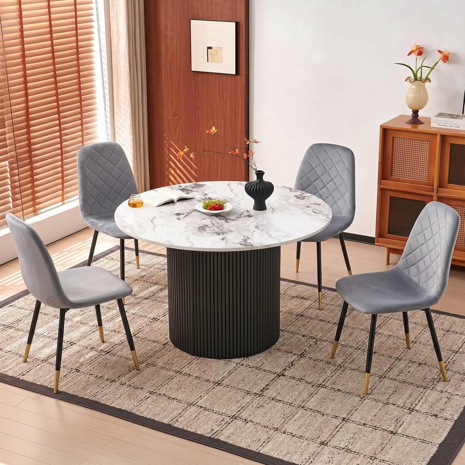 White Round Dining Table Set for 4, Modern Mid Century Wooden Kitchen & Dining Room Table Set, 5 Piece Space Saving (47In Faux Marble Table + 4 Grey Velvet Chairs)