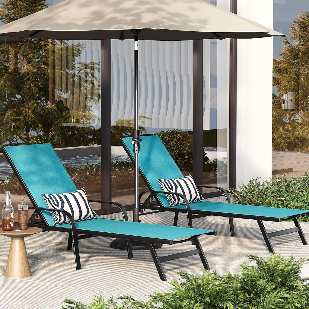 Garvee Outdoor Lounge Chair, Adjustable Patio Reclining Chaise with Textilene Fabric, Pool Lounge Chair with 5-Position Backrest for Patio, Garden, Poolside & Balcony,Sky Blue Set of 4