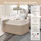 Goodpick Large Woven Blanket Basket, 21.6" x 14.9" x 11.8" Storage Baskets for Organizing, Rectangle Cotton Rope Toy Basket for Living Room, Bedroom, White & Brown