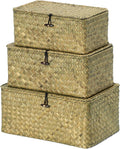 Nonam Storage Basket with Lid, Natural Seagrass Bin with Lid Set of 3, Shelf Baskets Multipurpose Container for Boho Decoration, Rectangular Storage Boxes for Home Organization- Dark Moss Green