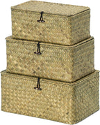 Nonam Storage Basket with Lid, Natural Seagrass Bin with Lid Set of 3, Shelf Baskets Multipurpose Container for Boho Decoration, Rectangular Storage Boxes for Home Organization- Dark Moss Green