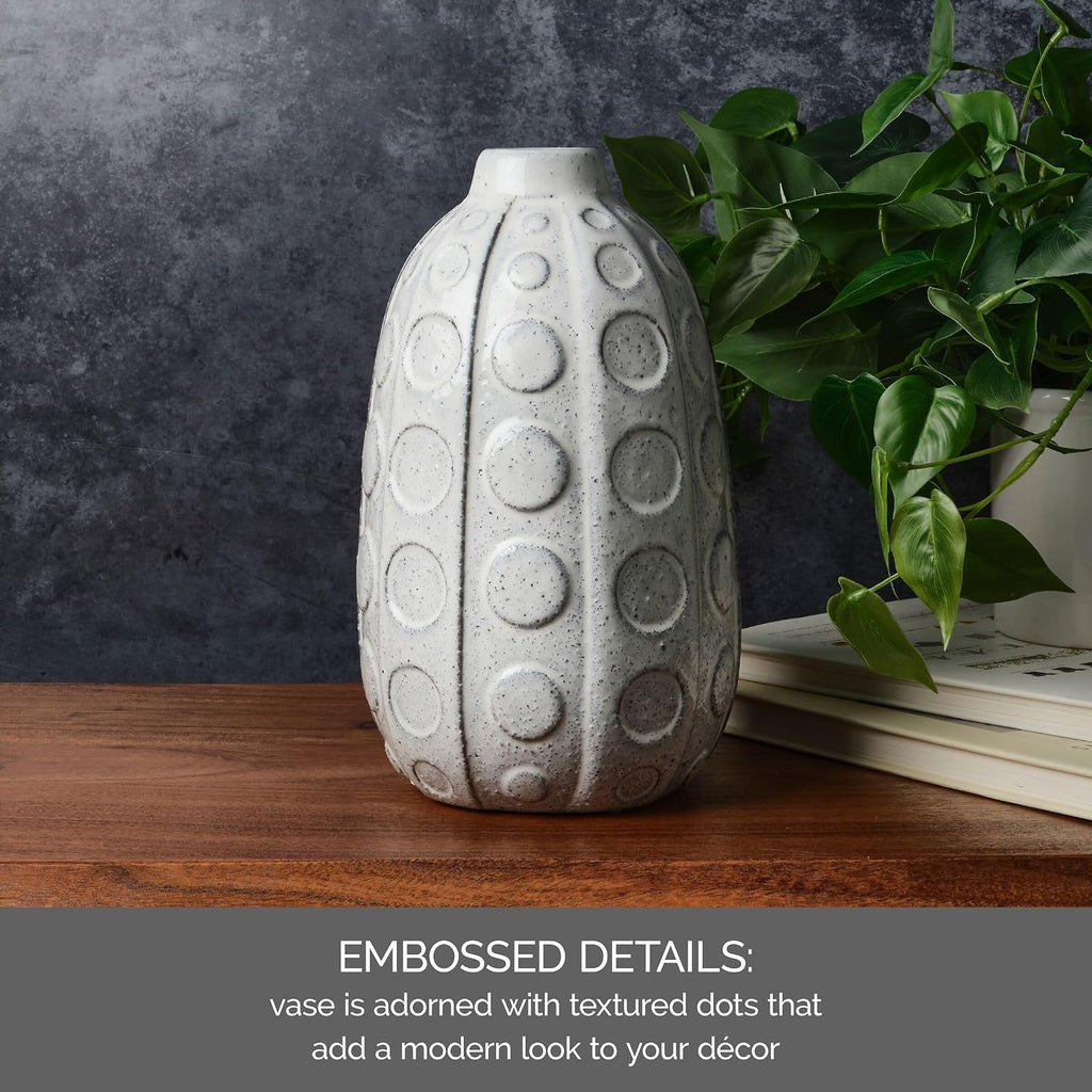 Mikasa White Embossed Dot Textured Ceramic Vase, 6.1x6.1x10.24 Inch