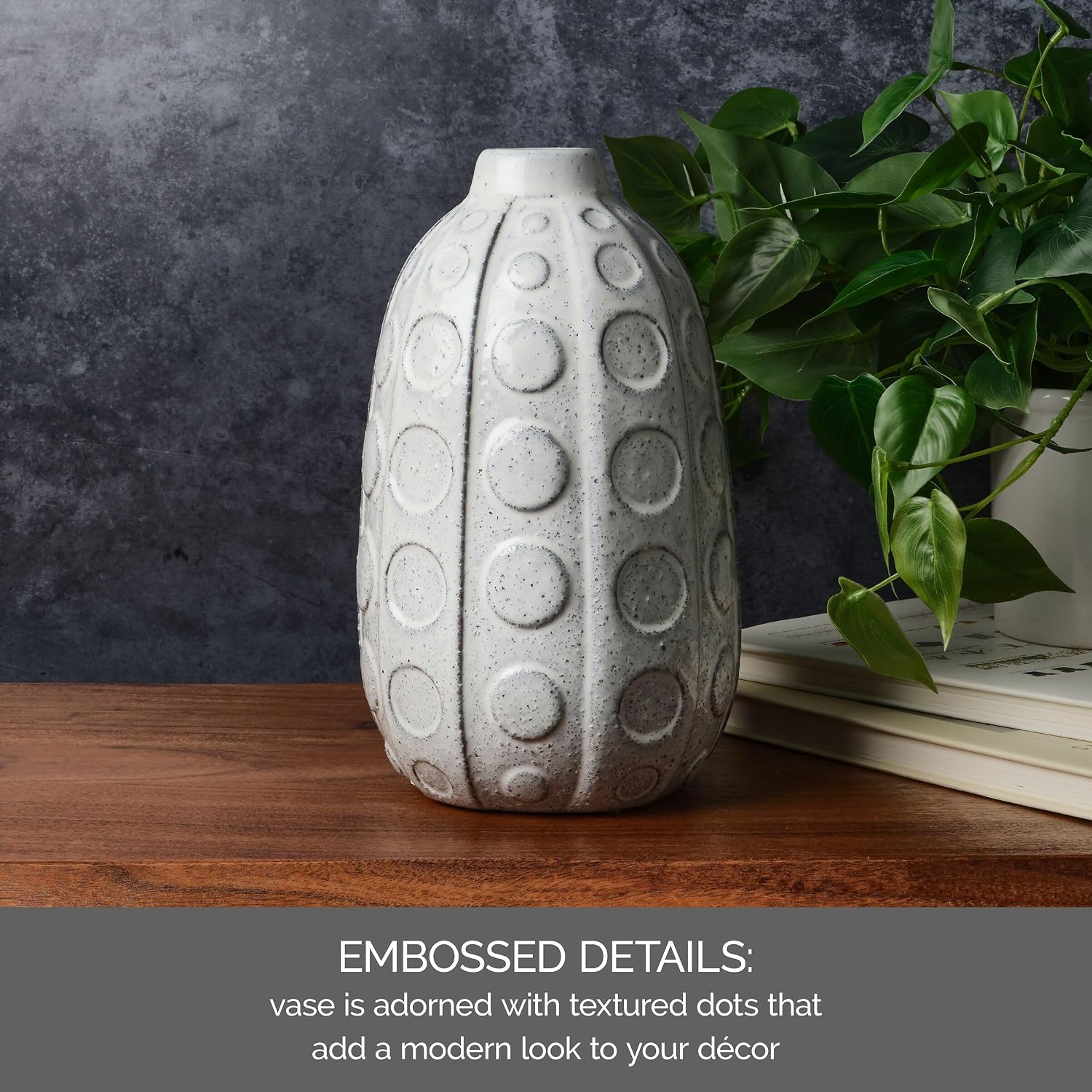 Mikasa White Embossed Dot Textured Ceramic Vase, 6.1x6.1x10.24 Inch