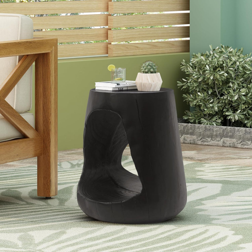 Matte Black Hollow Cutout Tree Stump Side Table, Faux Wood Organic Sculpture Accent Stool, Tapered Drum End Table for Living Room Entryway Wabi Sabi Modern Decor