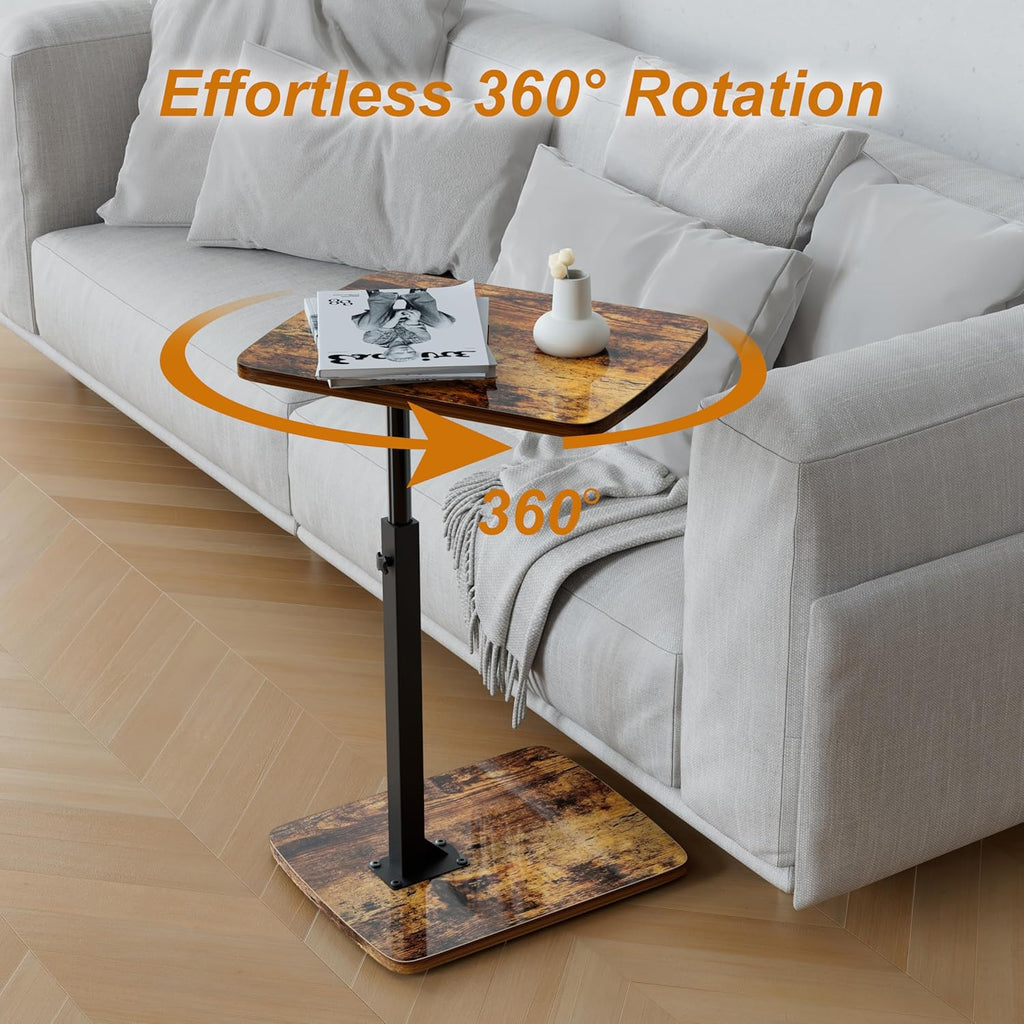 TV Tray Table for Small Spaces with 360° Swivel Tabletop & Height Adjustable,C Shaped Sofa Arm End Side Table, Bed Tray Stand for Eating Laptop,Living Room, Bedroom,Breakfast (Wood Base)