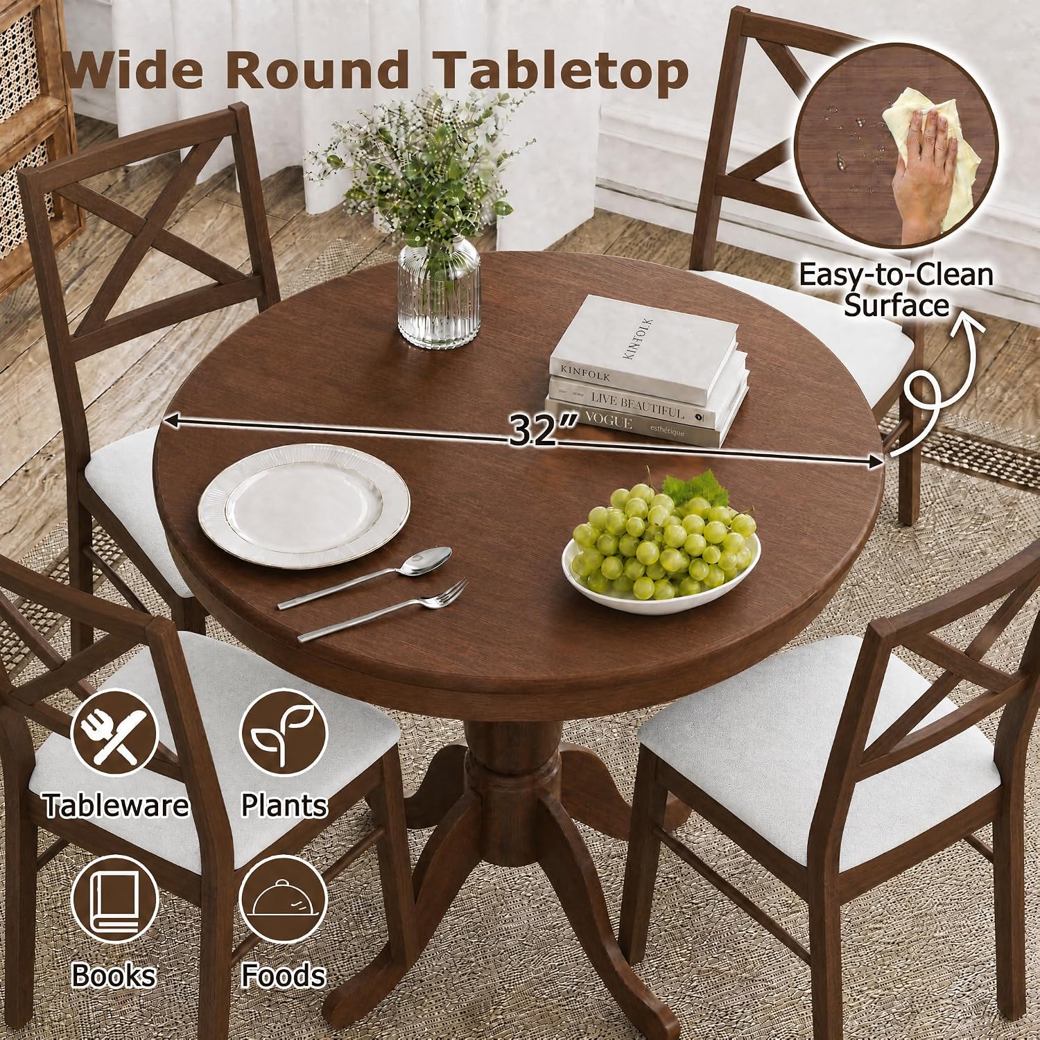 POWERSTONE Round Dining Table for 4, 32" Wood Counter Height Dinner Table Modern Farmhouse Kitchen Table with Pedestal Base for Dining Room, Living Room, Restaurant(Walnut)