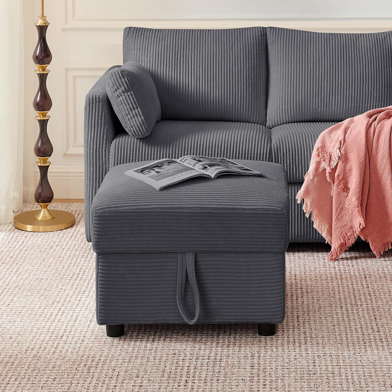 Corduroy Storage Ottoman for Living Room Sofas Couches, Square Ottoman with Storage Space Foot Rest Stool for Apartment, Dorm, Entryway, Grey