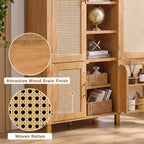 71" Tall Arched Pantry Cabinet with 4 Rattan Doors, 6-Tier Adjustable Shelves, 4 Built-in Door Racks, Rattan Storage Cabinet for Kitchen Dining Room, Soft-Close & Anti-tip Design, Oak