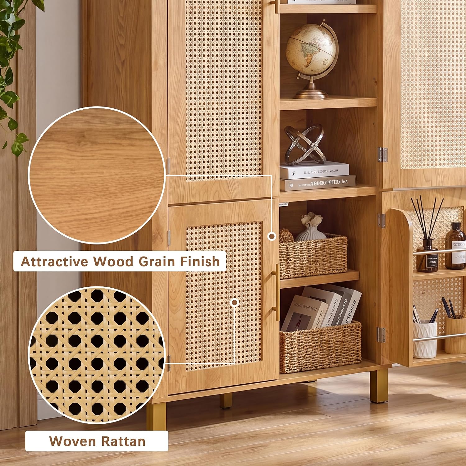 71" Tall Arched Pantry Cabinet with 4 Rattan Doors, 6-Tier Adjustable Shelves, 4 Built-in Door Racks, Rattan Storage Cabinet for Kitchen Dining Room, Soft-Close & Anti-tip Design, Oak
