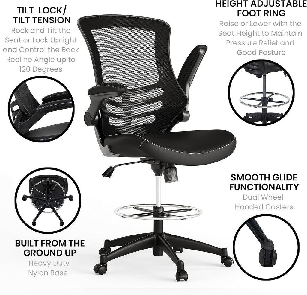 EMMA + OLIVER Mid-Back Black Mesh/LeatherSoft Ergonomic Drafting Chair with Flip-Up Arms