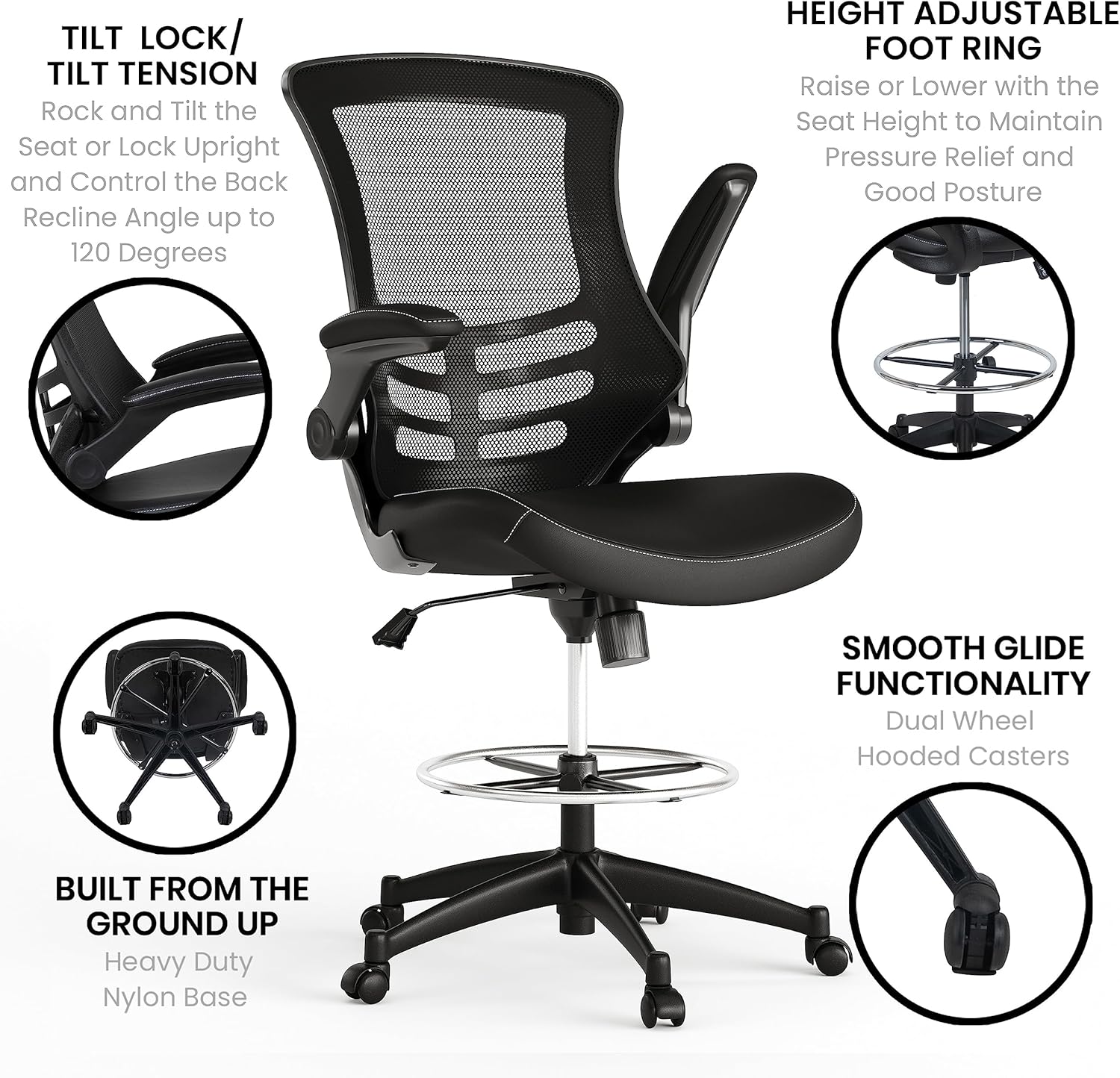 EMMA + OLIVER Mid-Back Black Mesh/LeatherSoft Ergonomic Drafting Chair with Flip-Up Arms