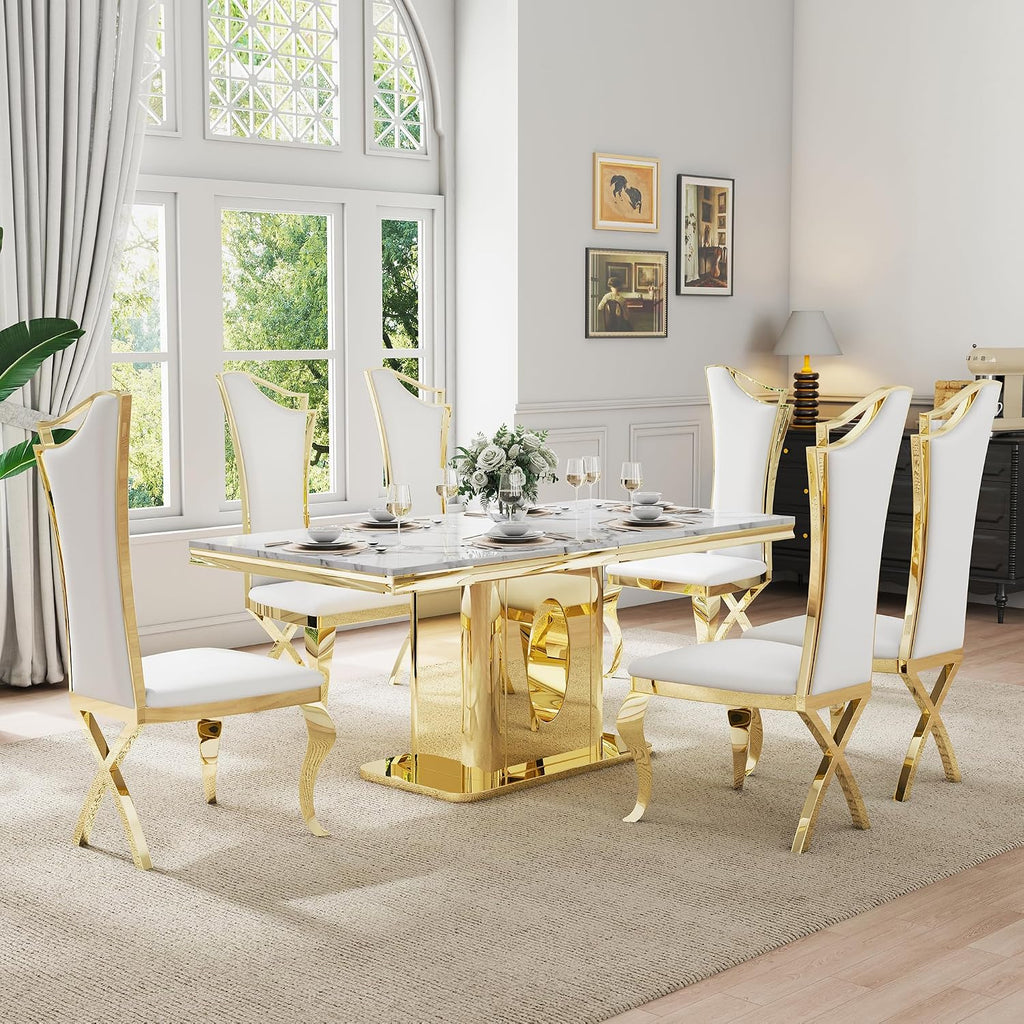 7-Piece Modern White Marble Dining Table Set, 70" Rectangular Kitchen Table with 6 High Backrest Chairs, Dining Room Set for 6 with Gold Stainless Steel Base for Dining Room