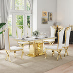 7-Piece Modern White Marble Dining Table Set, 70" Rectangular Kitchen Table with 6 High Backrest Chairs, Dining Room Set for 6 with Gold Stainless Steel Base for Dining Room