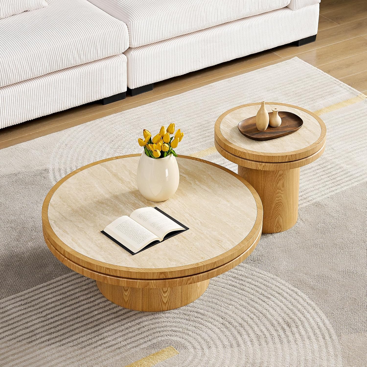 Round End Table Modern Side Table with Sintered Stone Top & Natural Wood Grain, Pedestal Accent Table for Living Room Bedroom Small Spaces, Oak