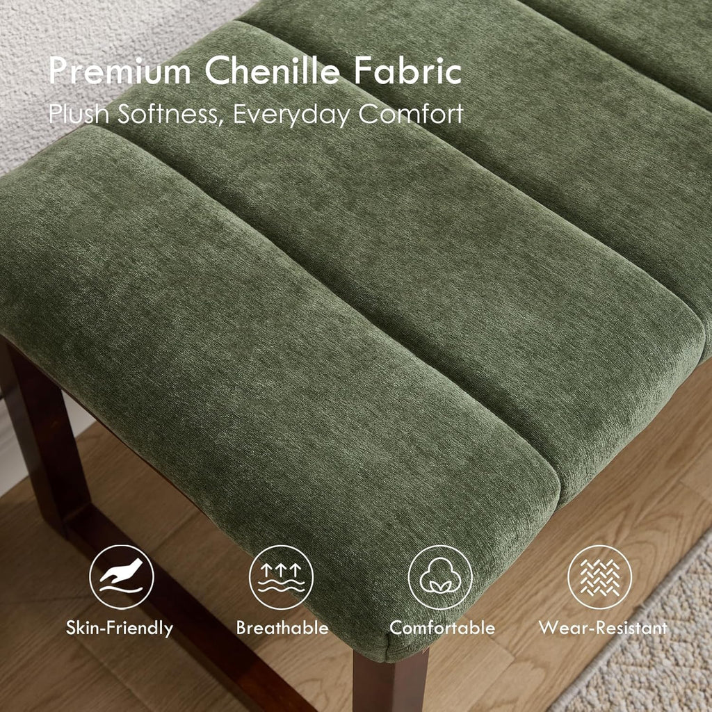 53.2" Upholstered End of Bed Bench, Modern Chenille Fabric Bedroom Bench with Cushion, Padded Dining Bench Entryway Bench with Solid Wood Frame for Bedroom, Living Room, Green