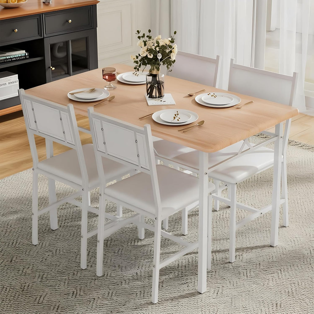 VECELO Dining Table Set for 4 with Chairs, 5-Piece Kitchen Table and Upholstered Padded Chairs Set for Small Space, Dining Room, Apartment, Natural White