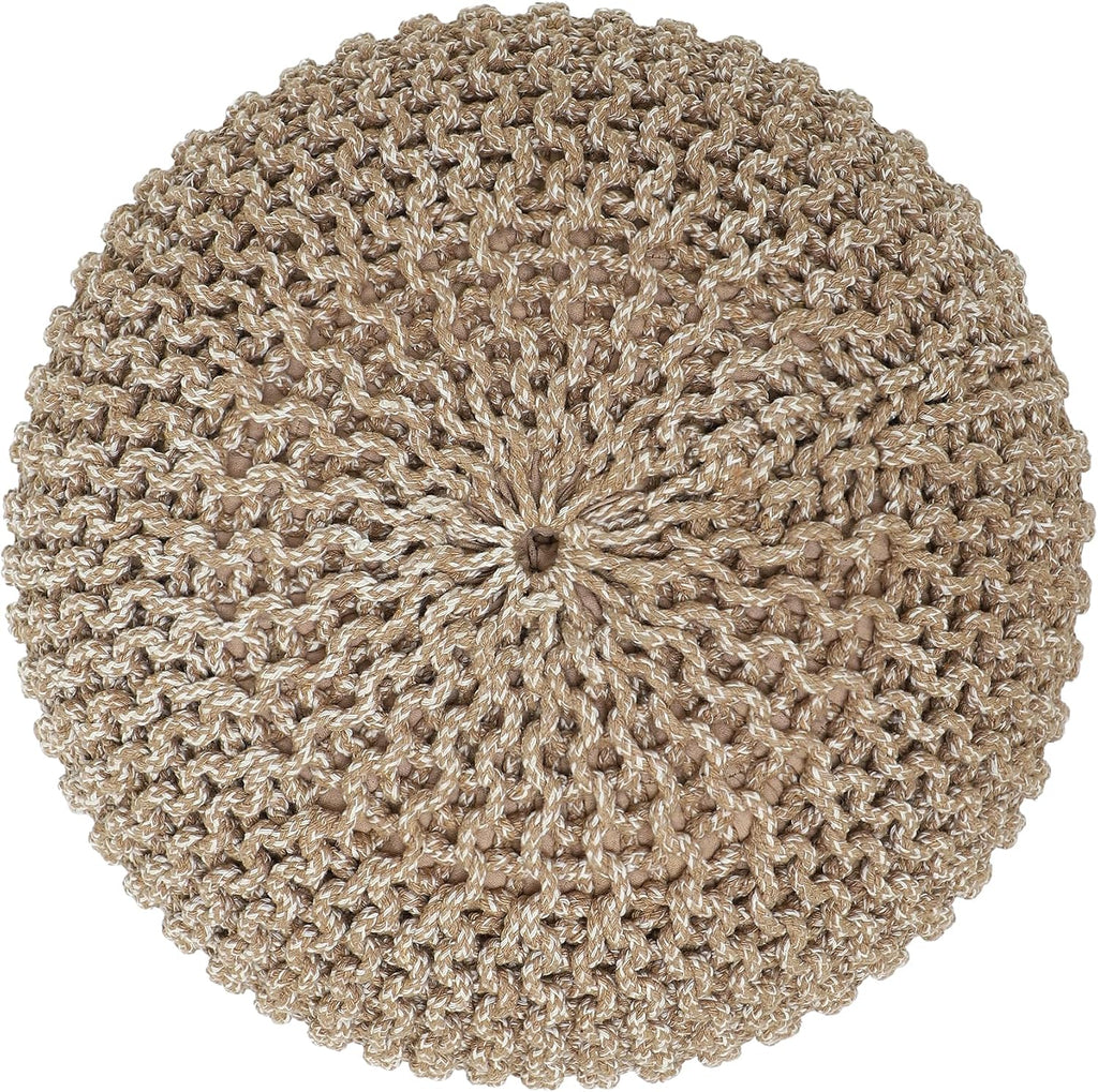 · REDEARTH · Round Pouf Ottoman - Hand Knitted Boho Poof - Beige Ivory | 100% Cotton, 18"x18"x14"; Doubles as Footstool, Foot Rest; Great for Living Room, Bedroom, Nursery, Patio, Dorm, Lounge