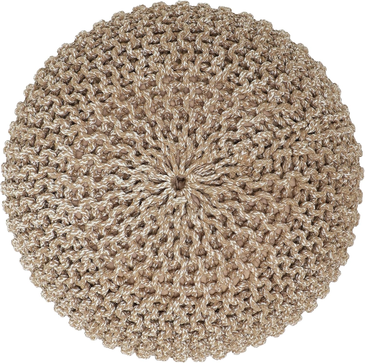 · REDEARTH · Round Pouf Ottoman - Hand Knitted Boho Poof - Beige Ivory | 100% Cotton, 18"x18"x14"; Doubles as Footstool, Foot Rest; Great for Living Room, Bedroom, Nursery, Patio, Dorm, Lounge