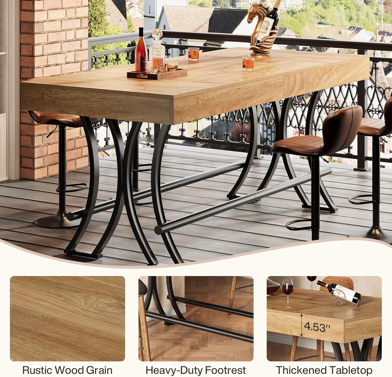 Tribesigns 63" Counter Height Bar Table with Metal Footrest, Rectangular Tall Kitchen Dining Pub Table, Industrial Home Bar Unit for Entertaining, Freestanding, Rustic Brown