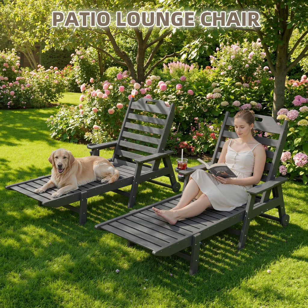 Mdeam 6-Position Pool Outdoor Lounge Chairs Set of 2, 22" W Oversized Adjustable Chaise Lounger 500LBS Capacity, HDPE Furniture Tanning Chair with Wheels & Cup Holder for Outside Patio Deck, Dark Grey