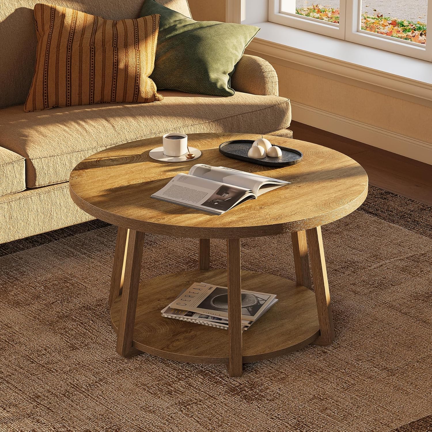 LITTLE TREE Round Coffee Table, 2-Tier Center Table with Storage | Wooden Legs, 31.5 Dia. x 19.6 H Inches, Easy Assembly, Circle Coffee Tables for Living Room, Bedroom
