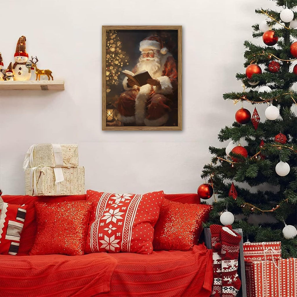 Framed Santa Christmas Wall Art, Vintage Santa Claus Reading Canvas Paintings, Christmas Print, Rustic Winter Holidays Decor, Farmhouse Christmas Pictures Wall Decor – 12x16in