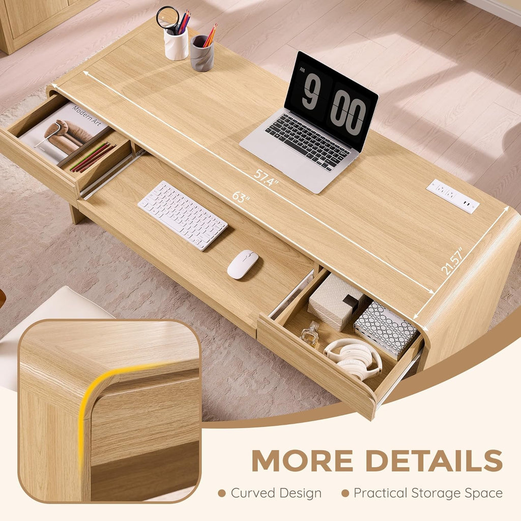 63" Modern Computer Desk with 2 Drawers, Wood Curved Executive Desk with Keyboard Tray & Power Outlet, Writing Desks with Storage for Home Office, Study Room, Living Room (Natural)