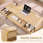 63" Modern Computer Desk with 2 Drawers, Wood Curved Executive Desk with Keyboard Tray & Power Outlet, Writing Desks with Storage for Home Office, Study Room, Living Room (Natural)