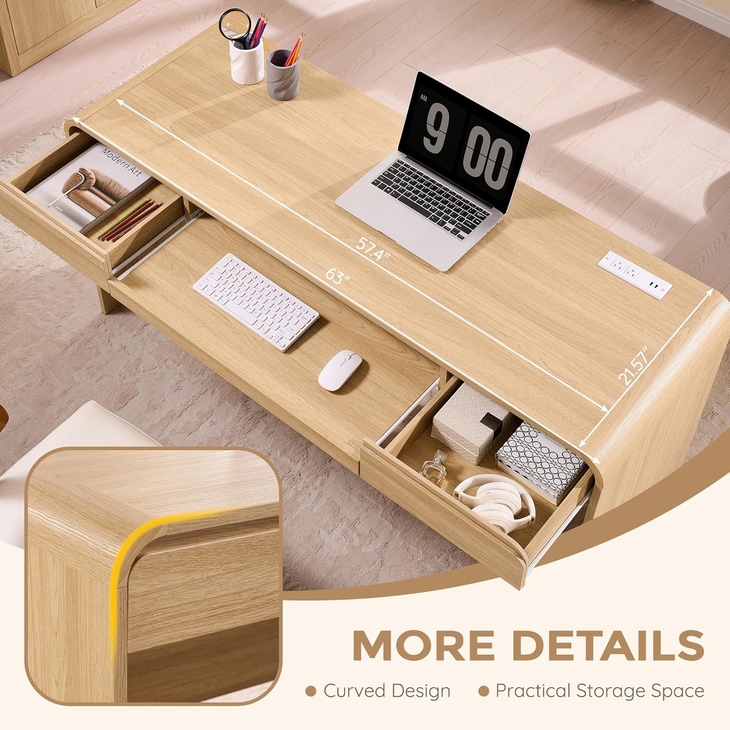 63" Modern Computer Desk with 2 Drawers, Wood Curved Executive Desk with Keyboard Tray & Power Outlet, Writing Desks with Storage for Home Office, Study Room, Living Room (Natural)