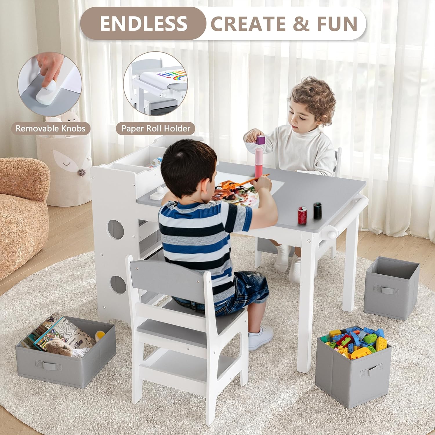 Kinder King Kids Art Table & Chair Set, Wood Toddler Activity Table for Kids Drawing, Reading, Studying, Crafting, Playing, 8 Removable Bins, Paper Roll for Playroom, Nursery, Grey