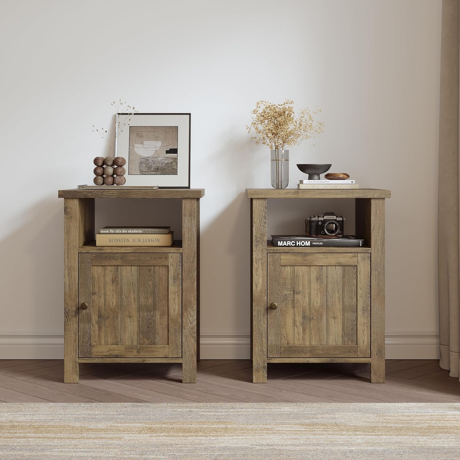 ChooChoo Farmhouse Nightstands with Storage | End Table Set of 2, Open Shelf, Rustic Bedside Table Set of 2 for Bedroom, Wash Gray